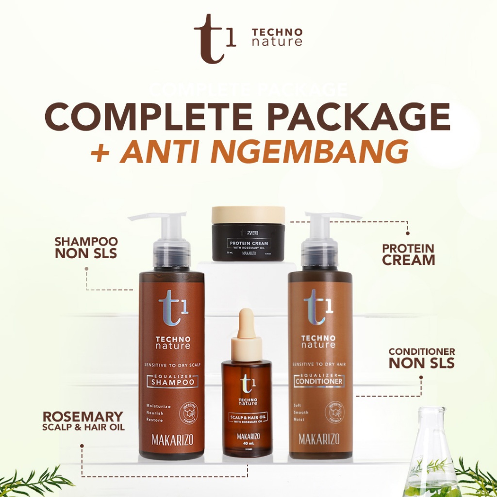 COMPLETE PACKAGE + Anti Ngembang | T1 Techno Nature Rosemary Oil + Shampoo + Conditioner + Protein C