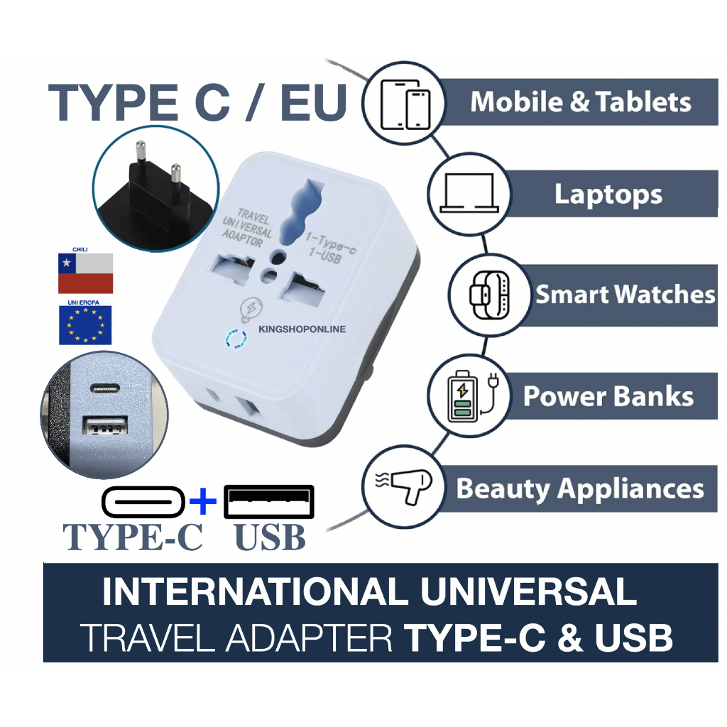 EU to All in One International Universal Conversion Travel Plug Adapter International USB & Type-C P