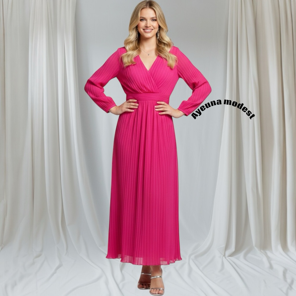 Zara dress pleats fuschia party dress wanita original new- Size Xs