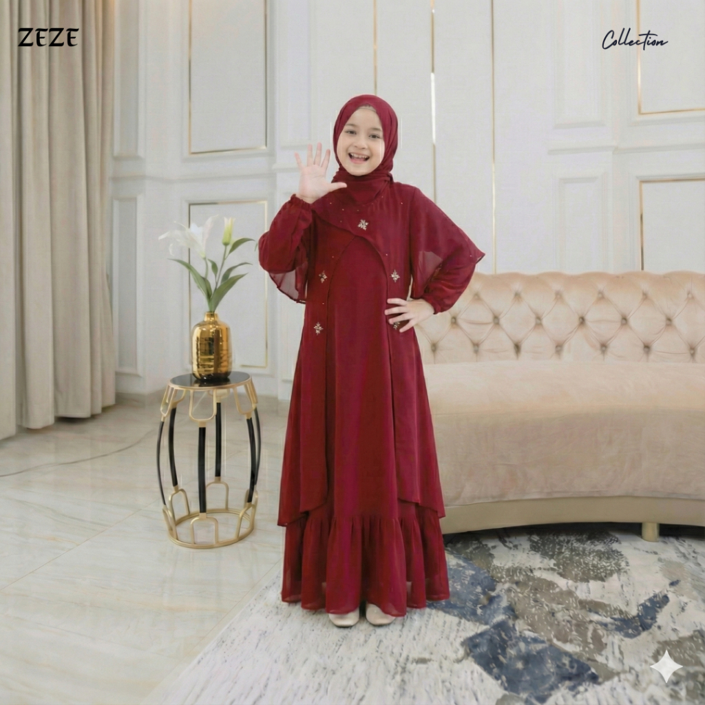Zeze - Satu Set Zhena Dress Anak Warna Maroon Kerudung Dan Gamis Ceruty Babydoll Payet Mutiara Sulam