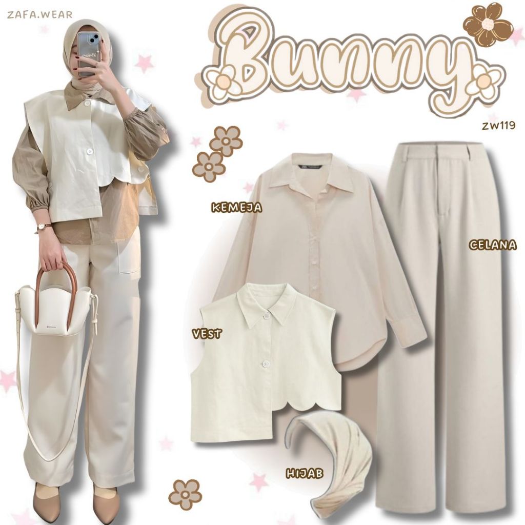 One Set | Vest + Kemeja + Celana Knit + Hijab | Outfit Wanita Hijab Kekinian | OOTD Ngopi - ZW119