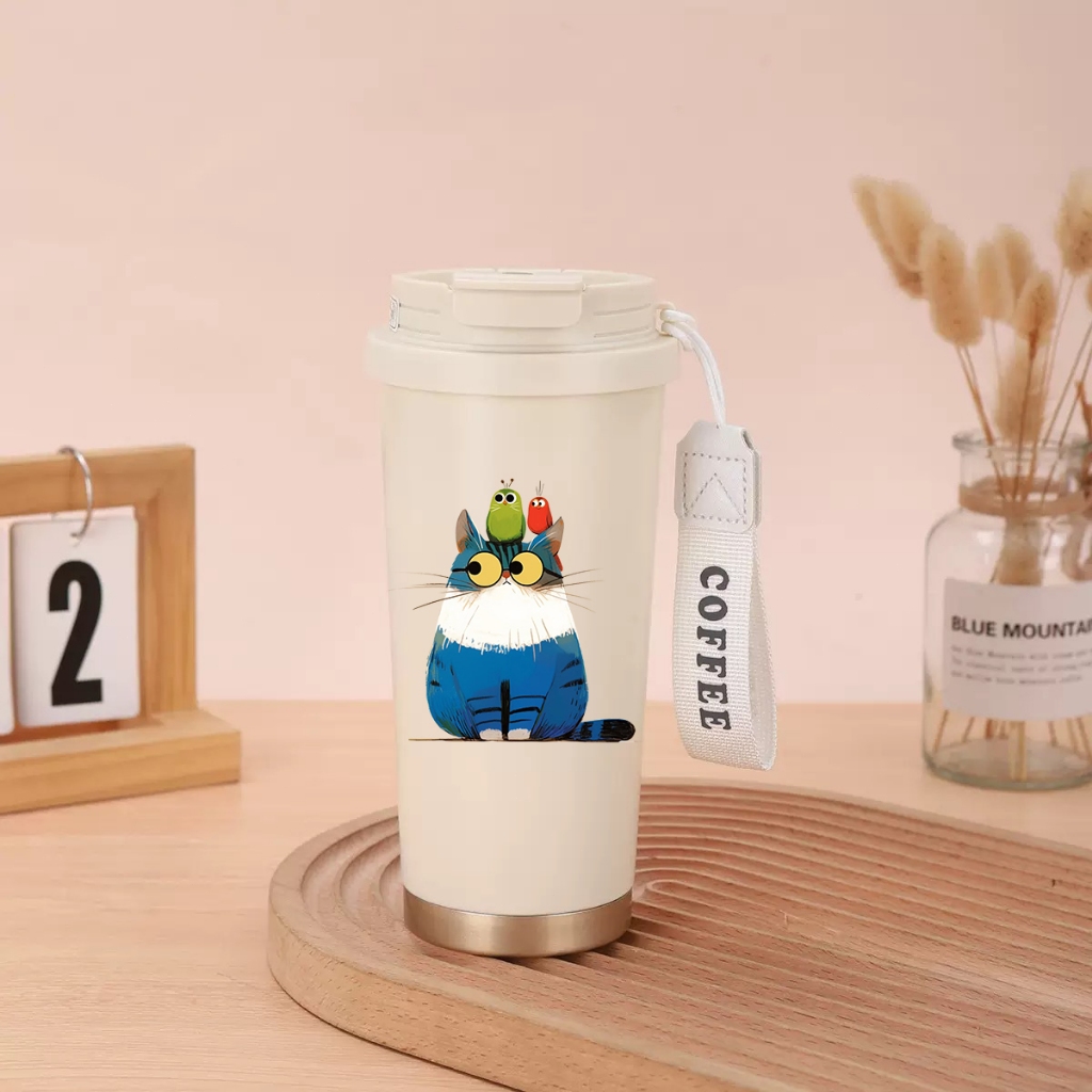 Portable Kucing Lucu Cute Cat Tumbler Termos Kopi Cup 500 Ml Termos Custom Stainless Steel Straw