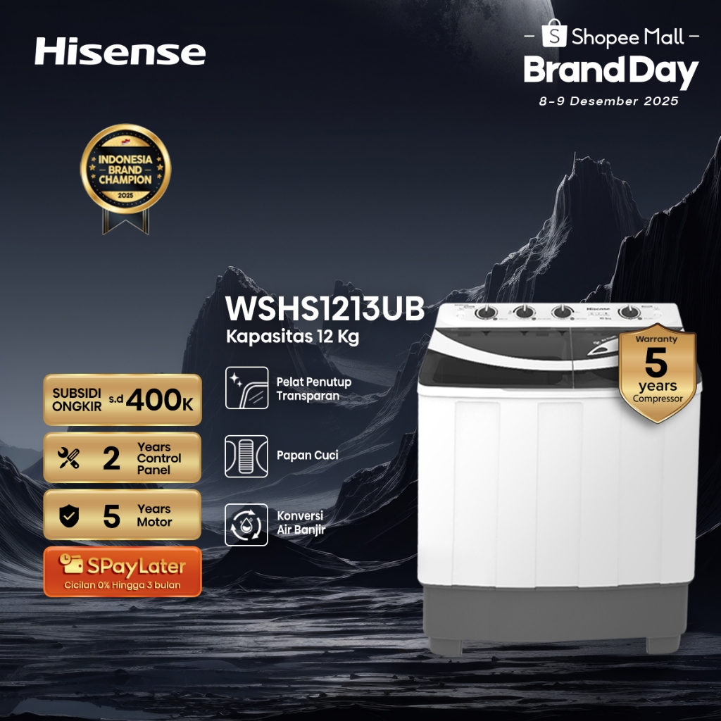 Hisense Mesin Cuci WSHS1213UB Top Loading Twintube Kapasitas 12KG 2 Tabung Bukaan Atas Pelat Penutup