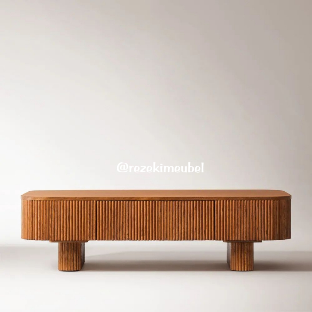 Meja coffee keriting kombinasi laci tengah finishing walnut minimalis kayu jati