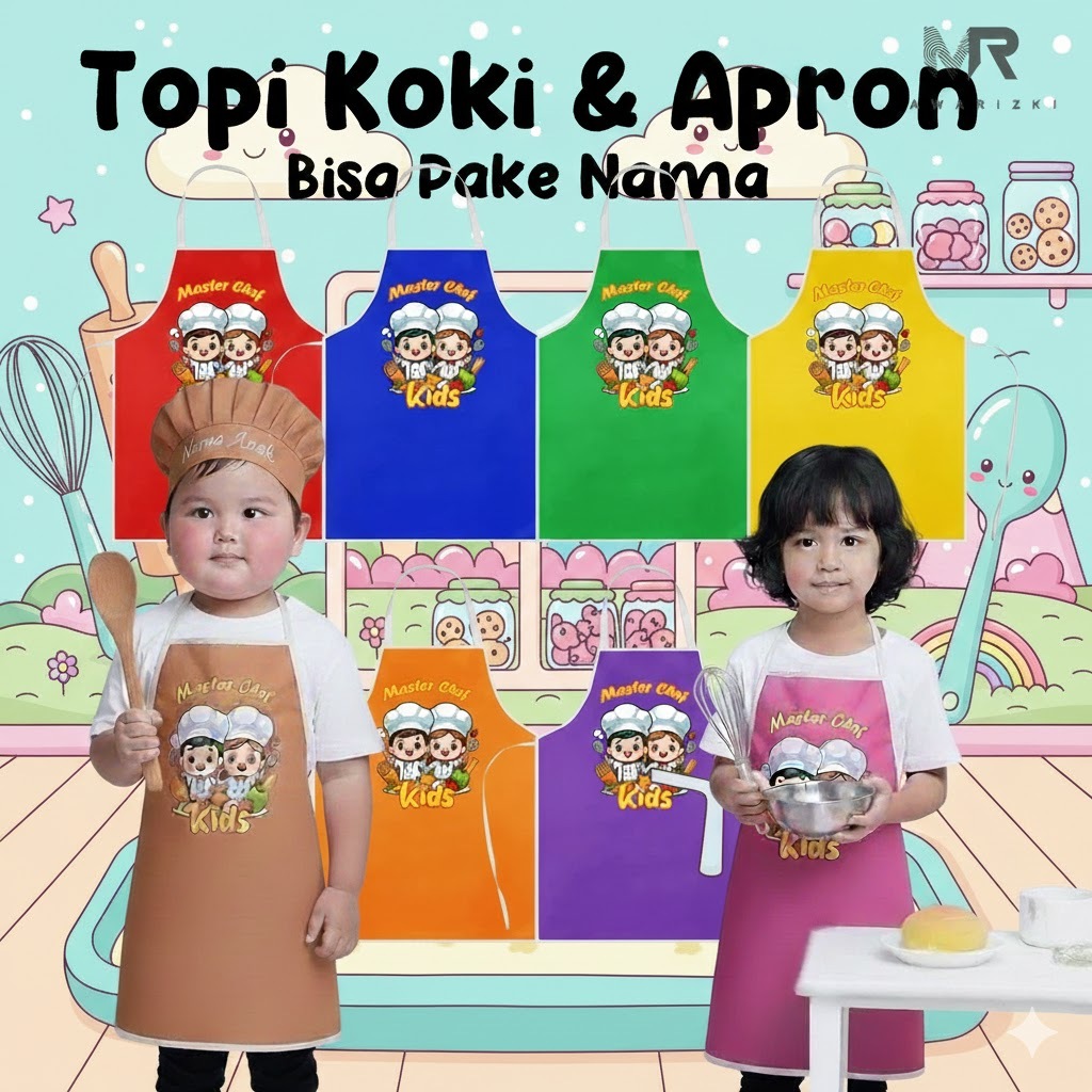 Apron anak custom nama  Topi koki anak custom nama  Celemek anak custom nama  Set apron dan topi kok