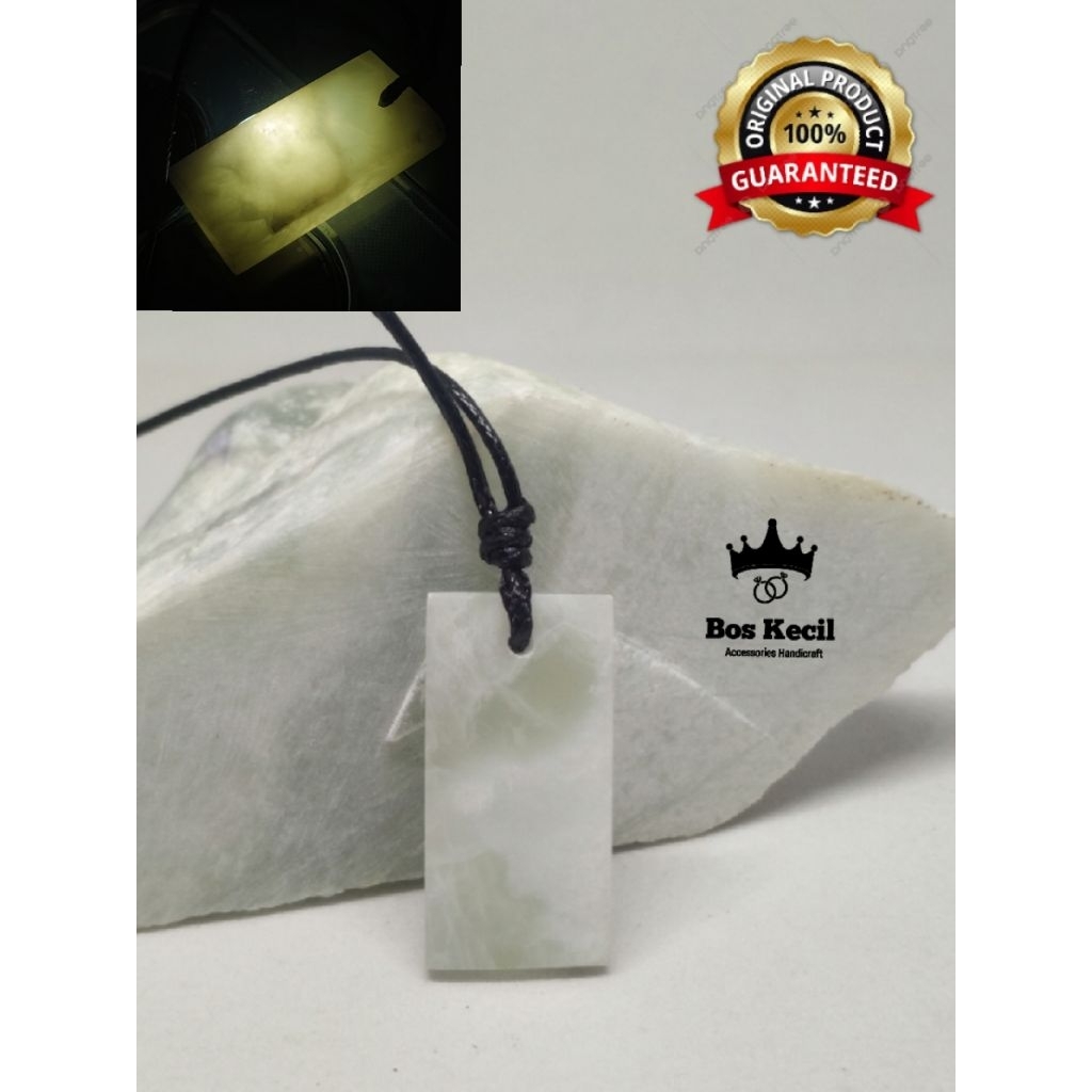 liontin batu giok hijau putih asli alam 100% model persegi panjang/ liontin batu giok asli /liontinb