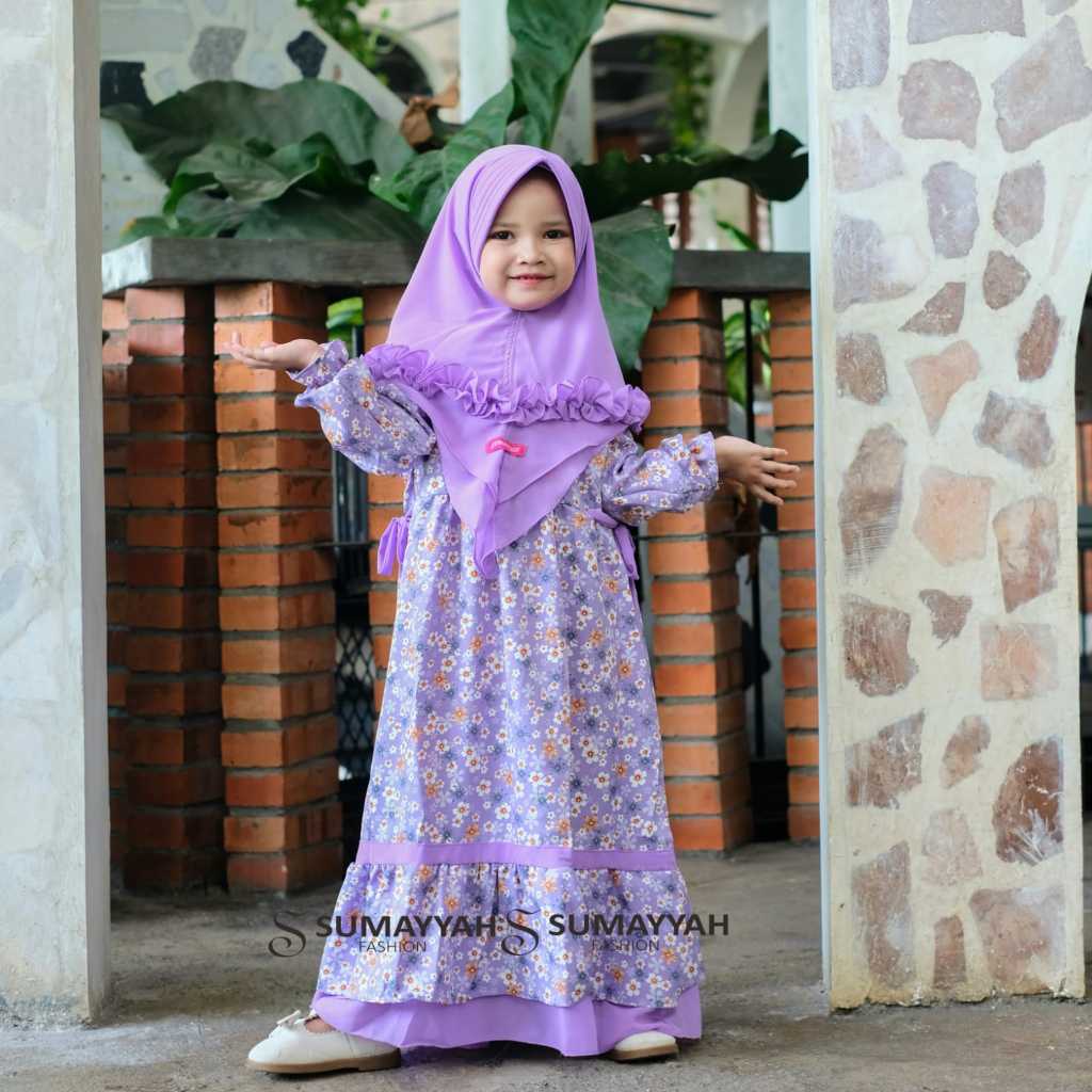 100% Aman Gamis Dress Sumayah Anak Syar'I Set Plus Hijab 2 Layer Motif Bunga Bahan Shakila Mix