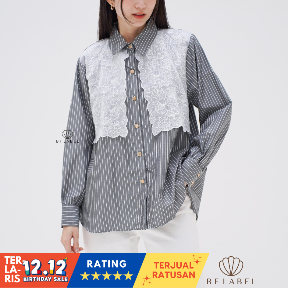 BF Label - NIKITA SHIRT | Striped with Embroidery | Kemeja Wanita Stripe dengan Renda Mewah