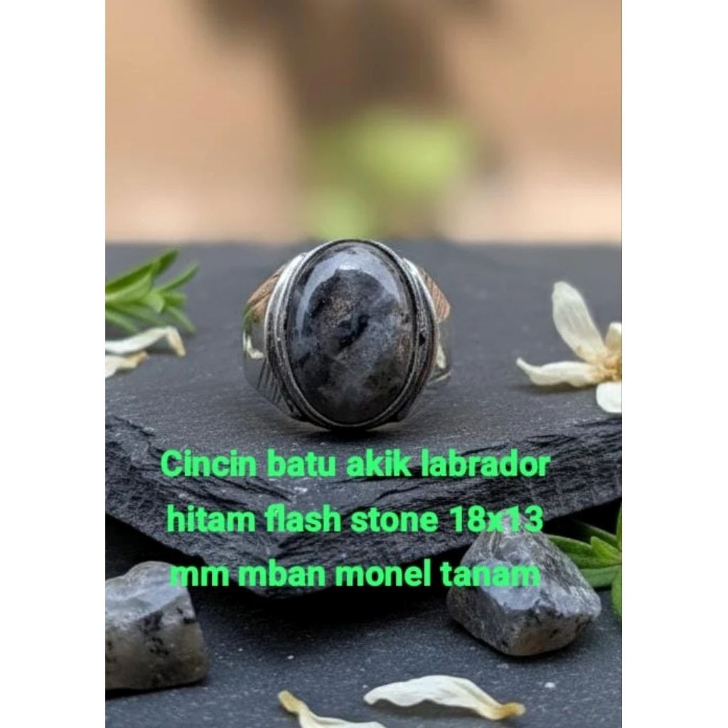 cincin batu akik labrador hitam papua natural flash stone 18x13 mm