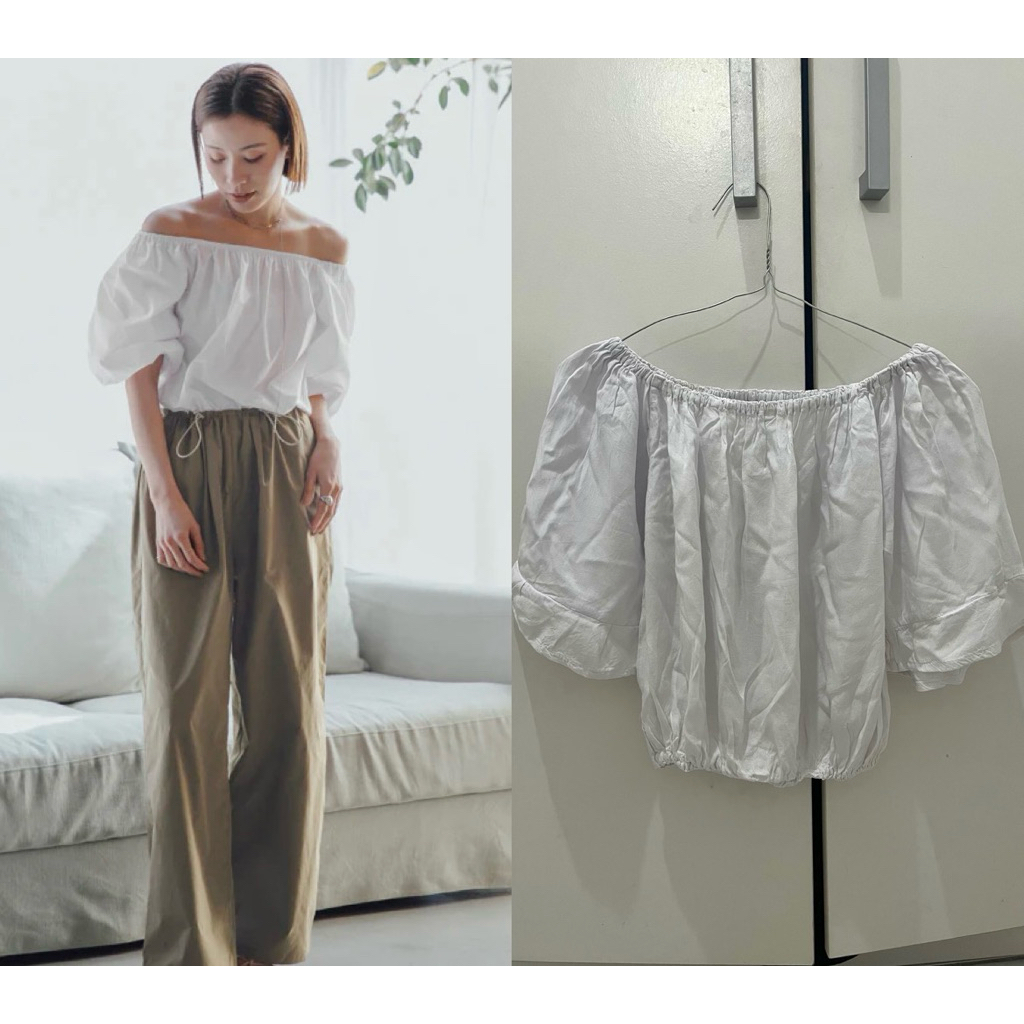 PL new Sabrina top white summer baju pantai baloon blouse putih off shoulder sexy