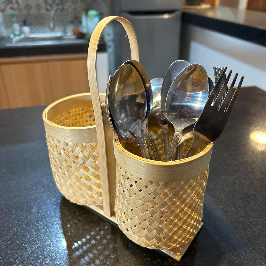 Tempat Sendok Garpu Dan Tisu, Keranjang Hampers Lucu, Tempat Bumbu Dapur Cantik Kerajianan Bambu