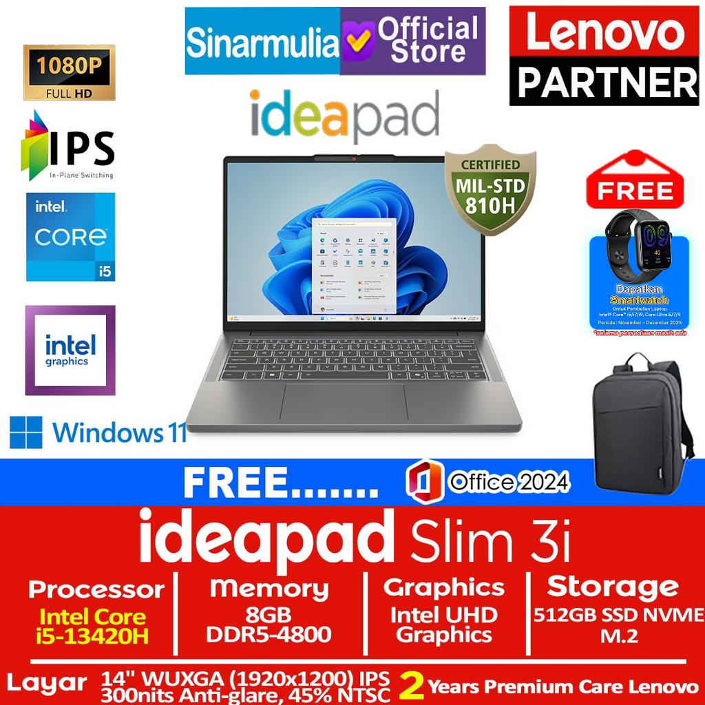 Lenovo Ideapad Slim 3i i5-13420H 512GB SSD 8GB WUXGA IPS Win11+OHS