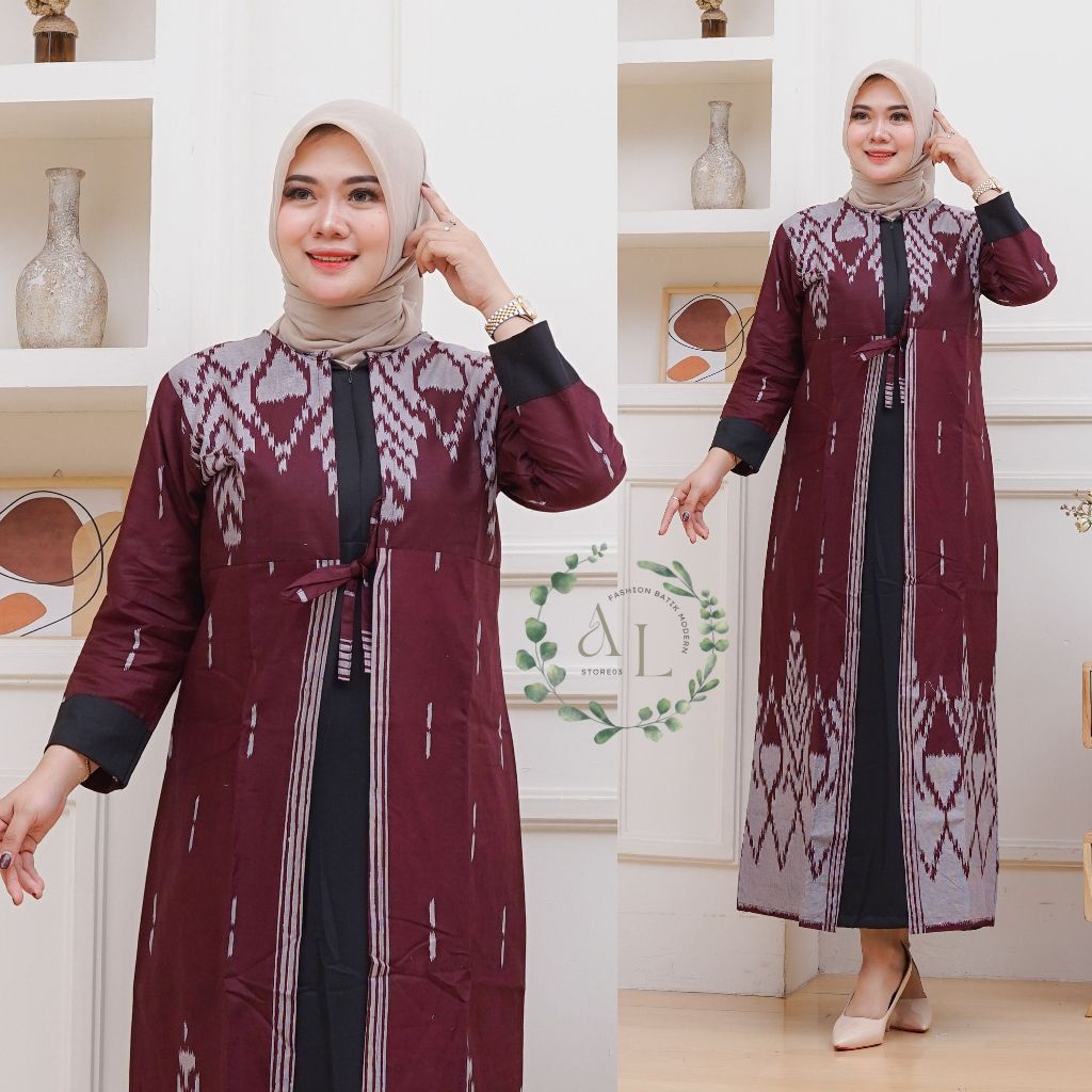 Alleastore03 - Batik Couple Modern Sutena Burgundy Katun Nyaman Gamis Batik Couple Motif Songket Dev