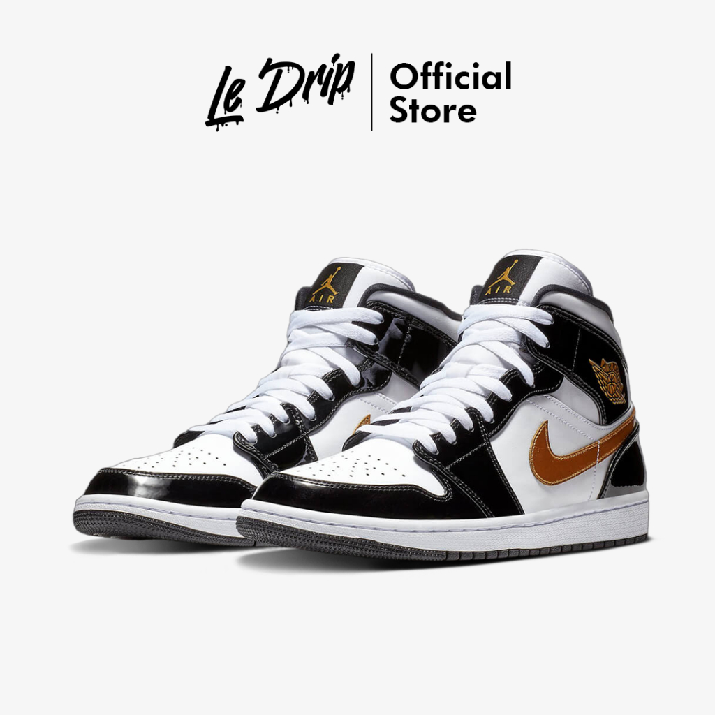 Nike Air Jordan 1 Mid Patent Black White Gold Black Gold Authentic