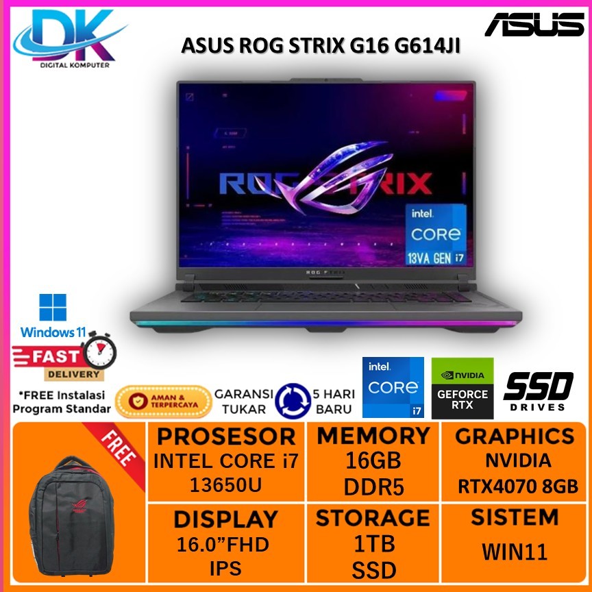 ASUS ROG STRIX G16 G614JI RTX4070 (8GB) - i7 13650HX 16GB 1TB W11 16.0FHD - 16GB, NON BUNDLING