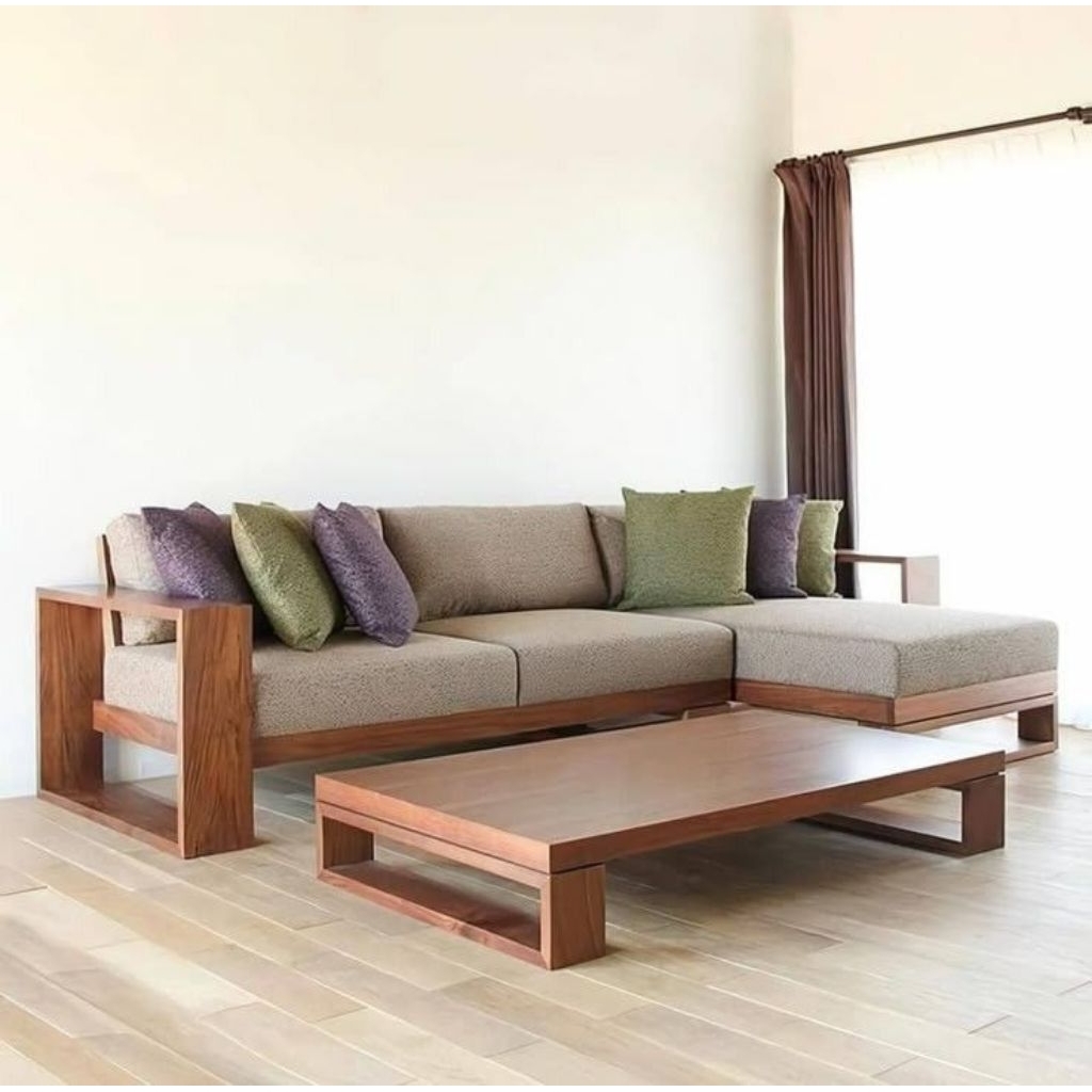 set meja tamu jati L minimalis kayu jati, meja tamu minimalis modern full kayu jati, sofa jati minim