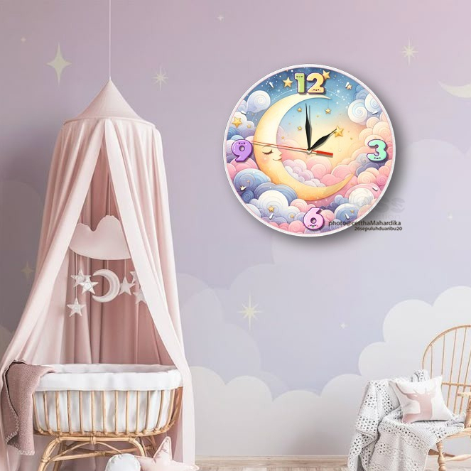 Jam Dinding Tema Bulan Sabit Hiasan Dinding Lucu Hiasan Kamar Tidur Anak Dekorasi Ruang Kelas TK