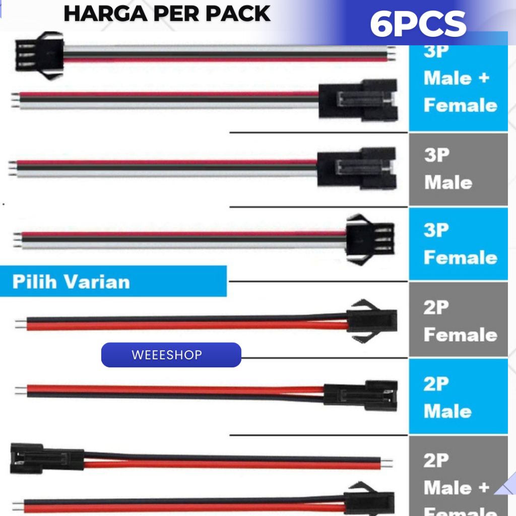 6pcs Kabel + Soket DC SM / JST 2-3 Pin – Connector Male & Female Untuk LED / Modul / Power