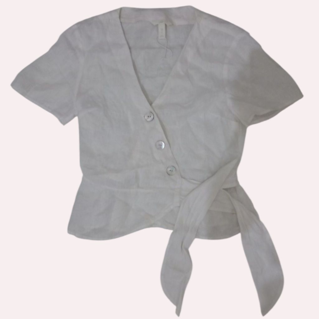 H&M HNM HM Linen White Wrap Wrapover Blouse Top Atasan Putih Broken White Off White Putih Ivory