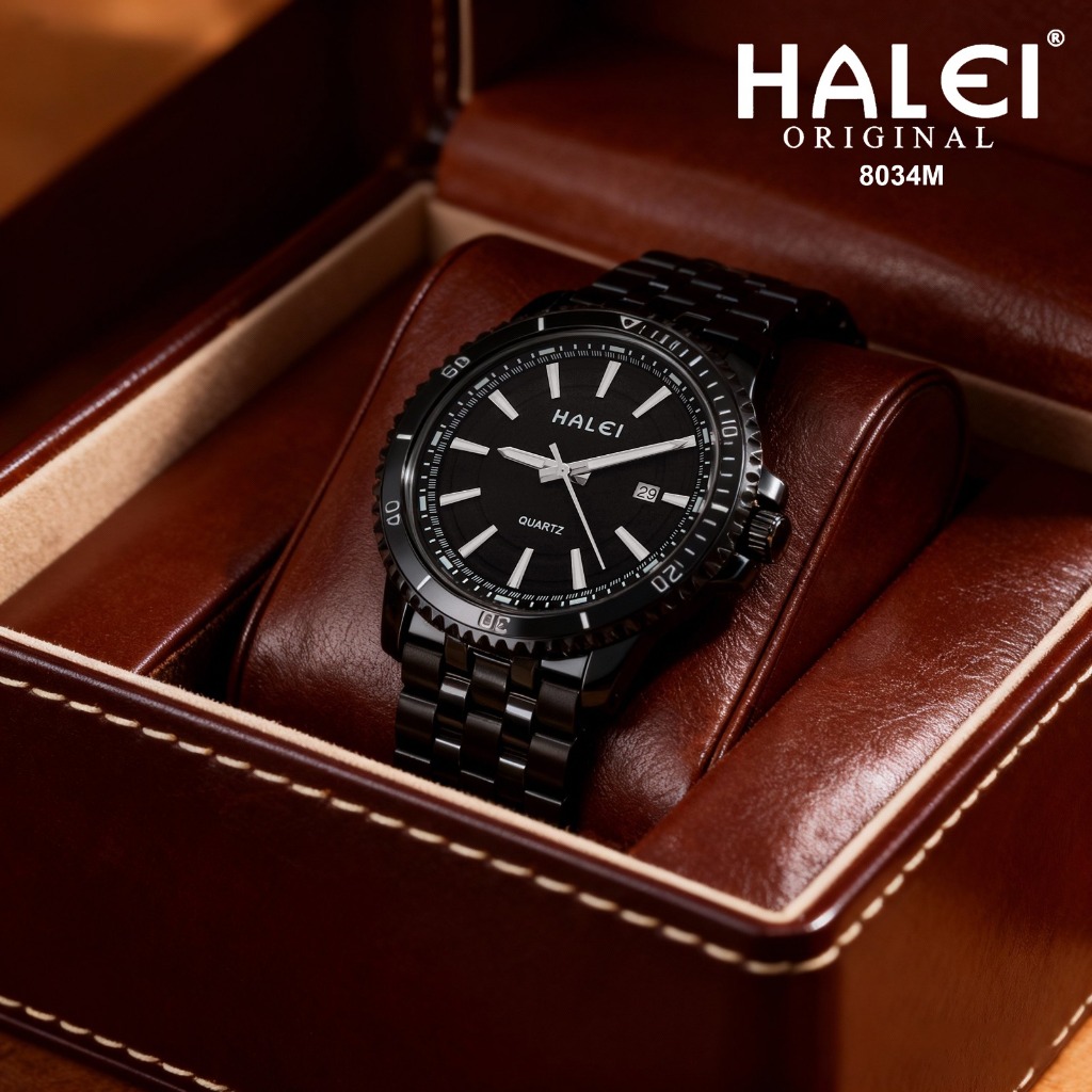 HALEI 8034M - Jam Tangan Branded Pria Rantai Stainless Mesin Seiko Anti Air Garansi Original