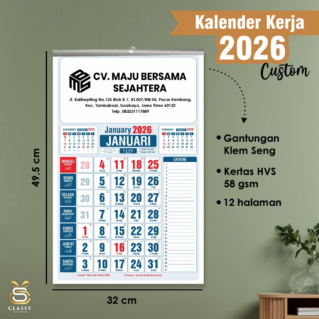 KALENDER KERJA CUSTOM 12 LEMBAR 32 X 49,5 CM - KALENDER 2026 LENGKAP - KALENDER KANTOR