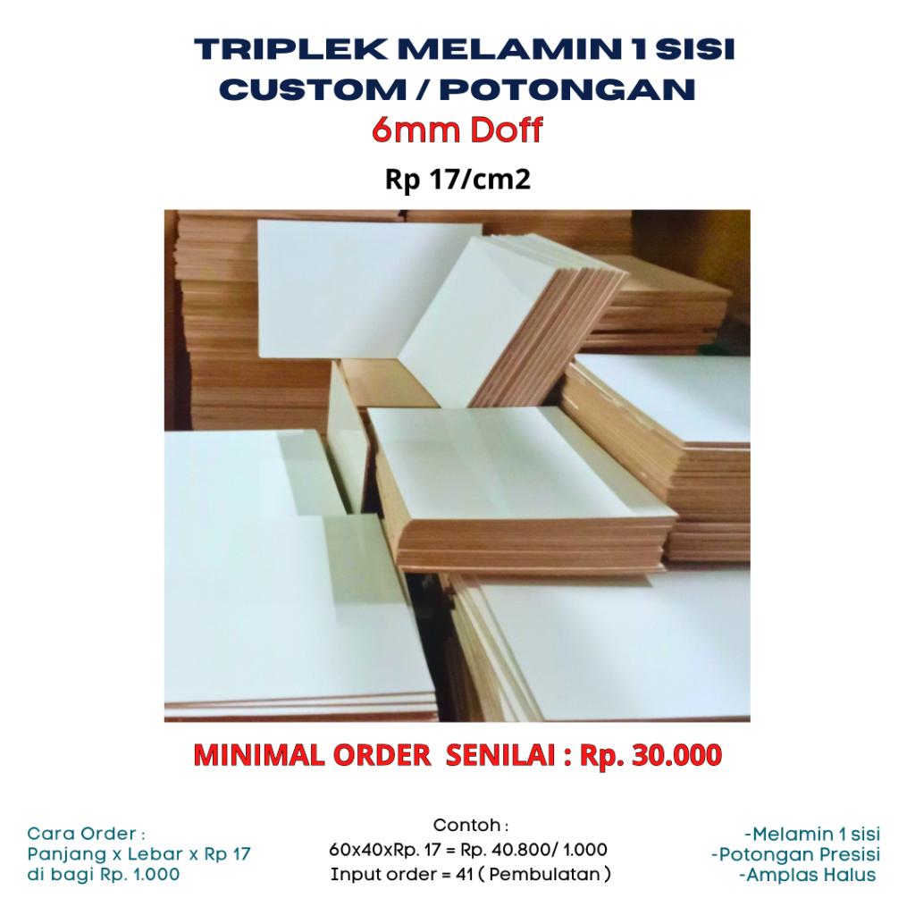 Triplek Melamin / Multiplek putih / 6mm Potongan Custom Triplek Putih
