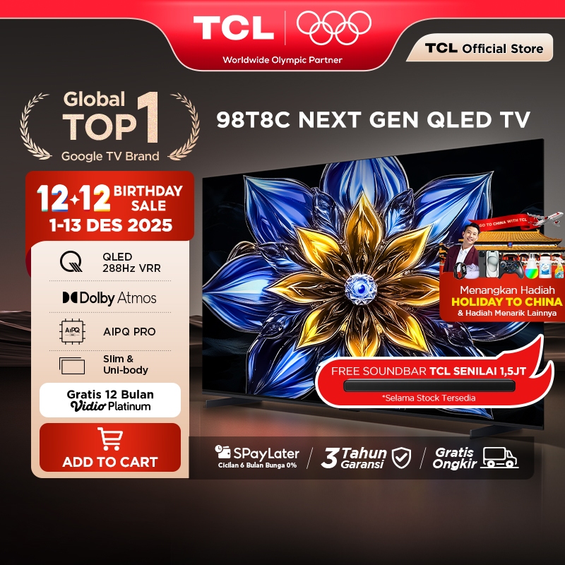 TCL Next Gen QLED 98 Inch T8C - 4K Google TV - HVA Screen - HDR10+ - Dolby Vision & Atmos - 288Hz VR