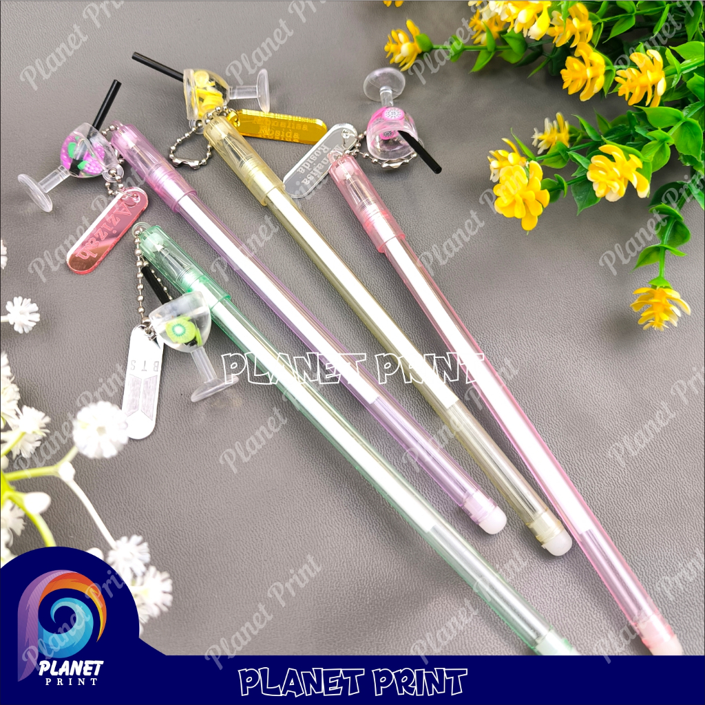 (BGS) Pulpen Costum Nama Lucu Aesthetic Pulpen Motif Gliter Gelas Juice Fancy Pen Gantungan Minuman 