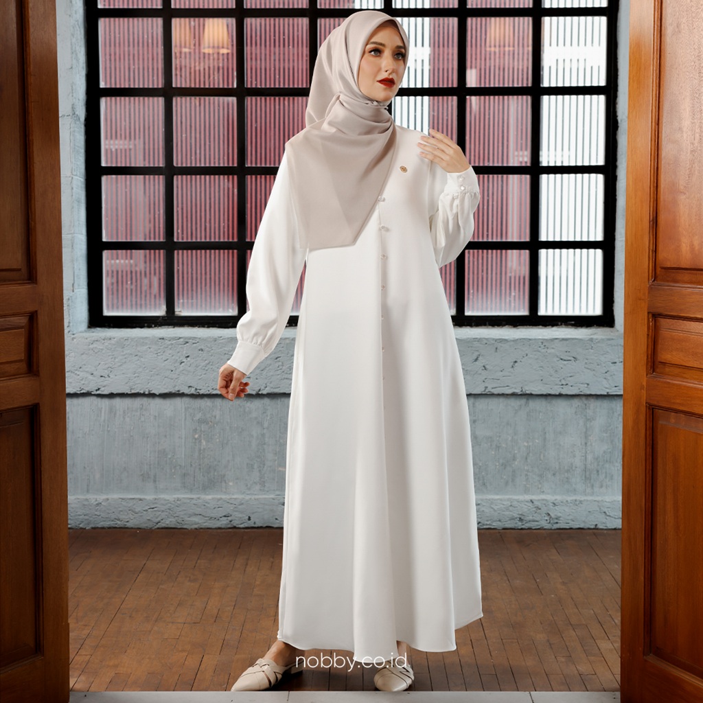Nobby Alin Dress Bahan Crystaline Gamis A Line Polos Lengan Panjang Wanita