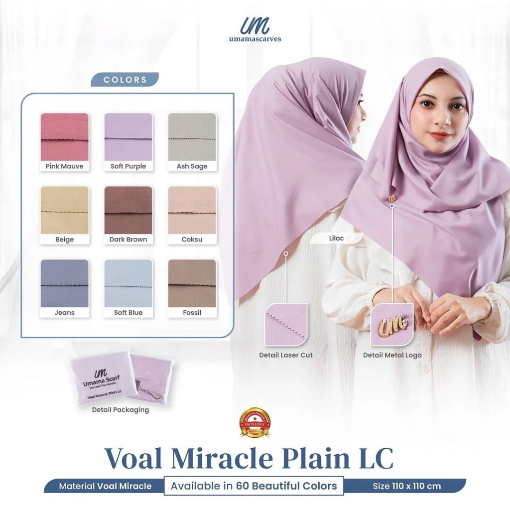 DISKON  HIJAB UMAMA SEGIEMPAT Voal miracle plain LC ORI dengan pouch dan logo plat besi