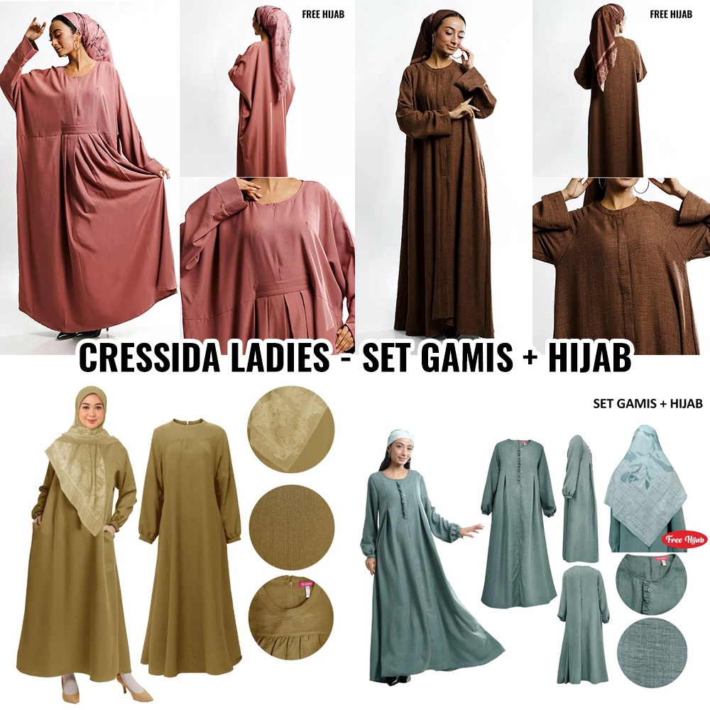 CRESSIDA LADIES GAMIS HIJAB SET DRESS MUSLIM WANITA BAJU LEBARAN TERBARU GAMIS SYAR'I CRESSIDA SYARI
