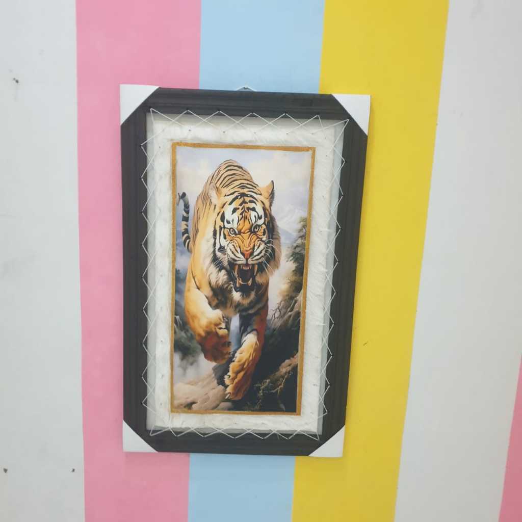 HIASAN DINDING MOTIF MACAN ORANGE PREMIUM ASLI KULIT KAMBING LUKISAN SABLON