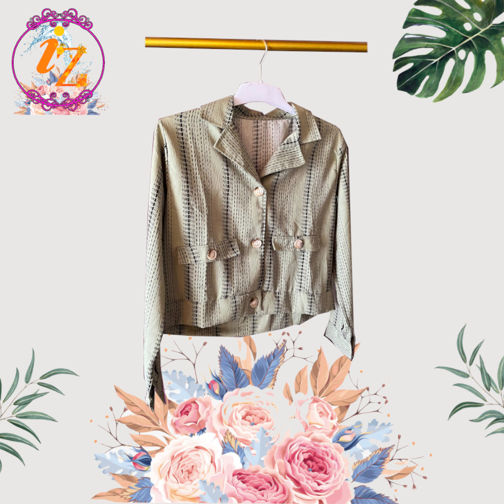 Crop Blazer Wanita Lengan Panjang Motif Garis