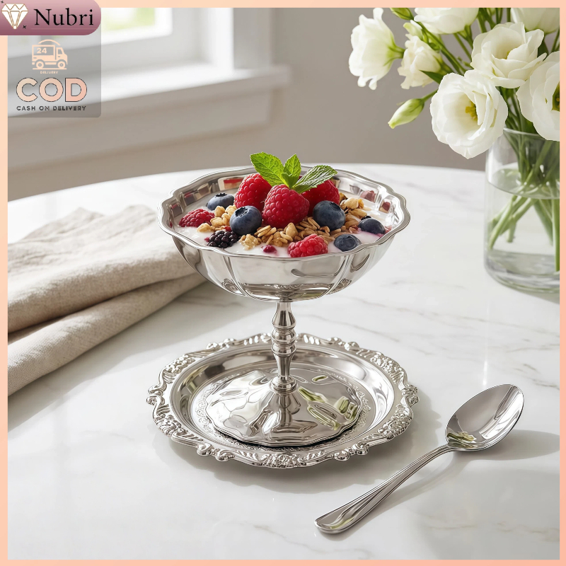 Nubri COD Gelas Dessert Stainless Steel - Mangkuk Es Krim - Wadah Salad Buah - Gelas Kaki Vintage Ae