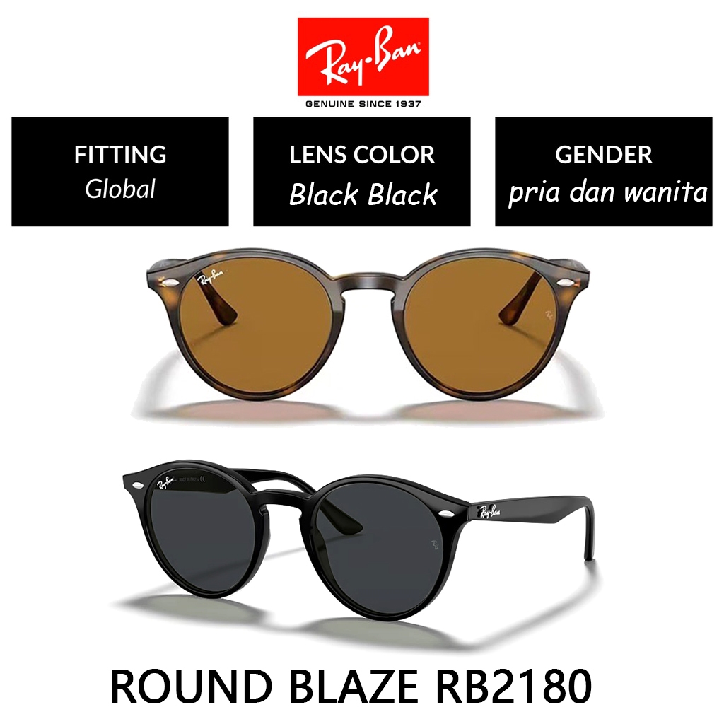 100% Original Kacamata Hitam Ray-Ban ROUND BLAZE RB2180 Sunglasses Black Havana Brown Wanita Pria