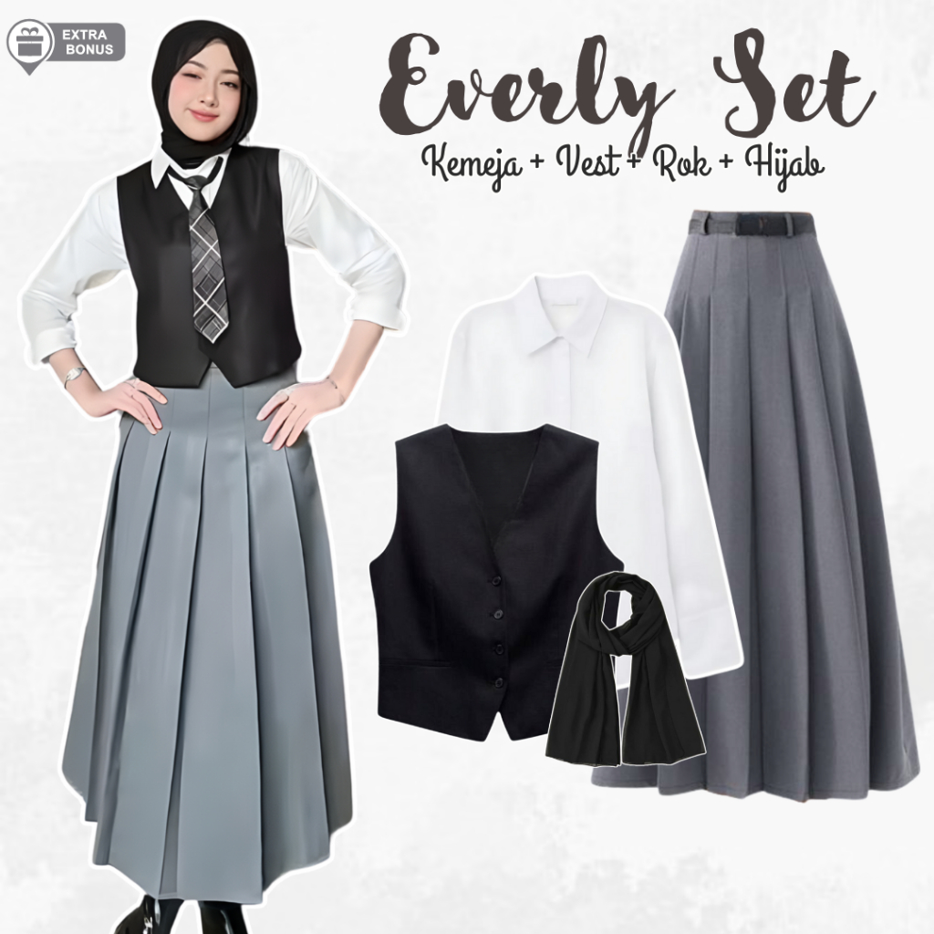 Oneset One set 5in1 setelan hijab wanita kemeja basic polos vest rompi rok rampel wiru a line dasi p