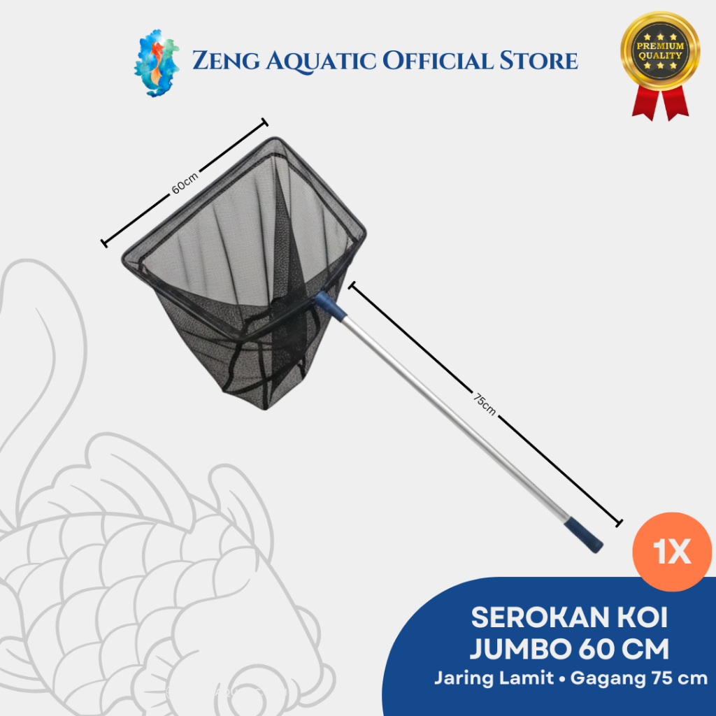 Serokan Koi Jumbo 60 cm - Jaring Lamit Halus - Gagang Aluminium 75 cm - Seser Kolam Ikan Besar