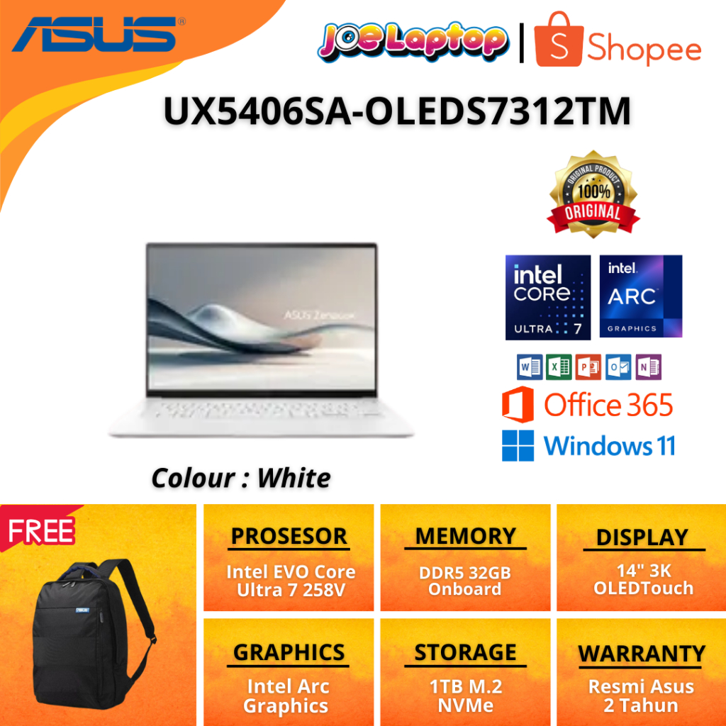 Asus Zenbook UX5406SA-OLEDS7312TM White Ultra 7 258V Win11 OHS