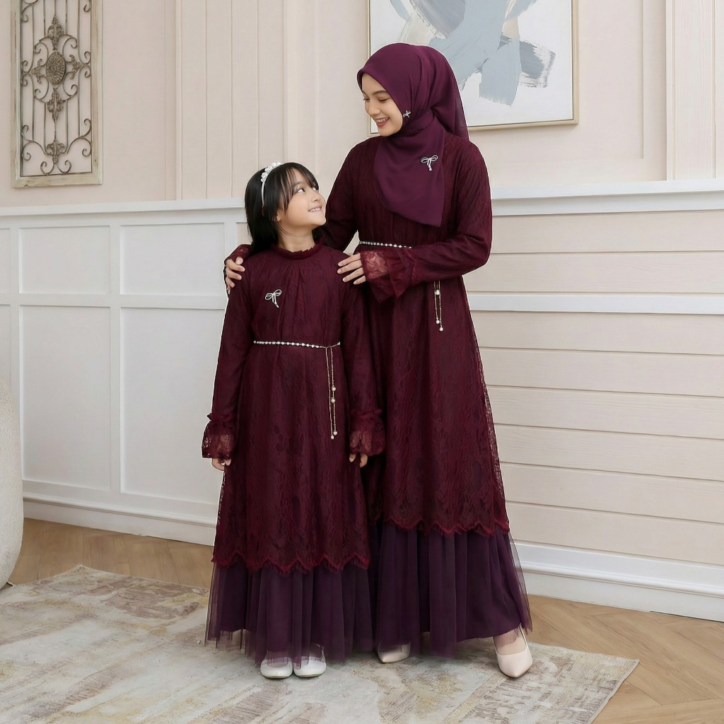 Naura Series Gamis Couple ibu dan anak cewek Couple Sarimbit Lebaran Mix Brokat Set Pakaian Family