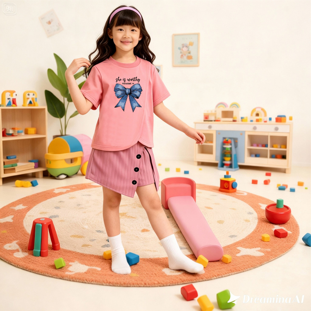 One Set Baju Anak Perempuan Usia 1-12 Tahun Setelan Baju Anak Cewek Pita Korea