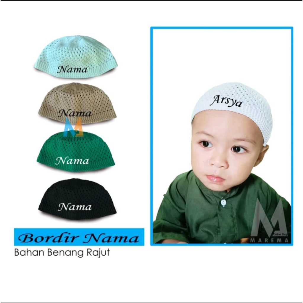Peci Rajut Anak Model Haji Gratis Bordir Nama  Kopiah Haji Anak Muslim, Songkok Biru Bulat Coklat Pu