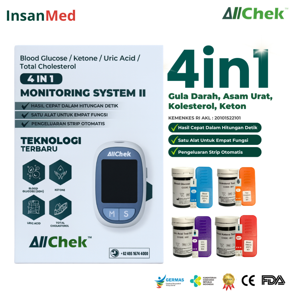 ALLCHEK 4in1 – Alat Tes Gula Darah, Kolesterol, Asam Urat & Keton + Strip Test
