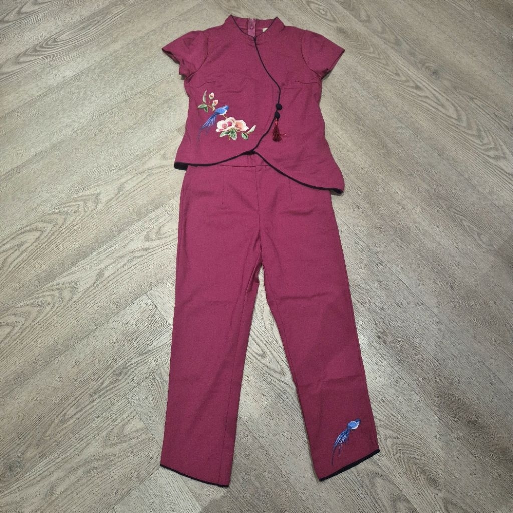 [size M] 2 piece set baju setelan atasan bawahan wanita bordir cheongsam moscato pink magenta