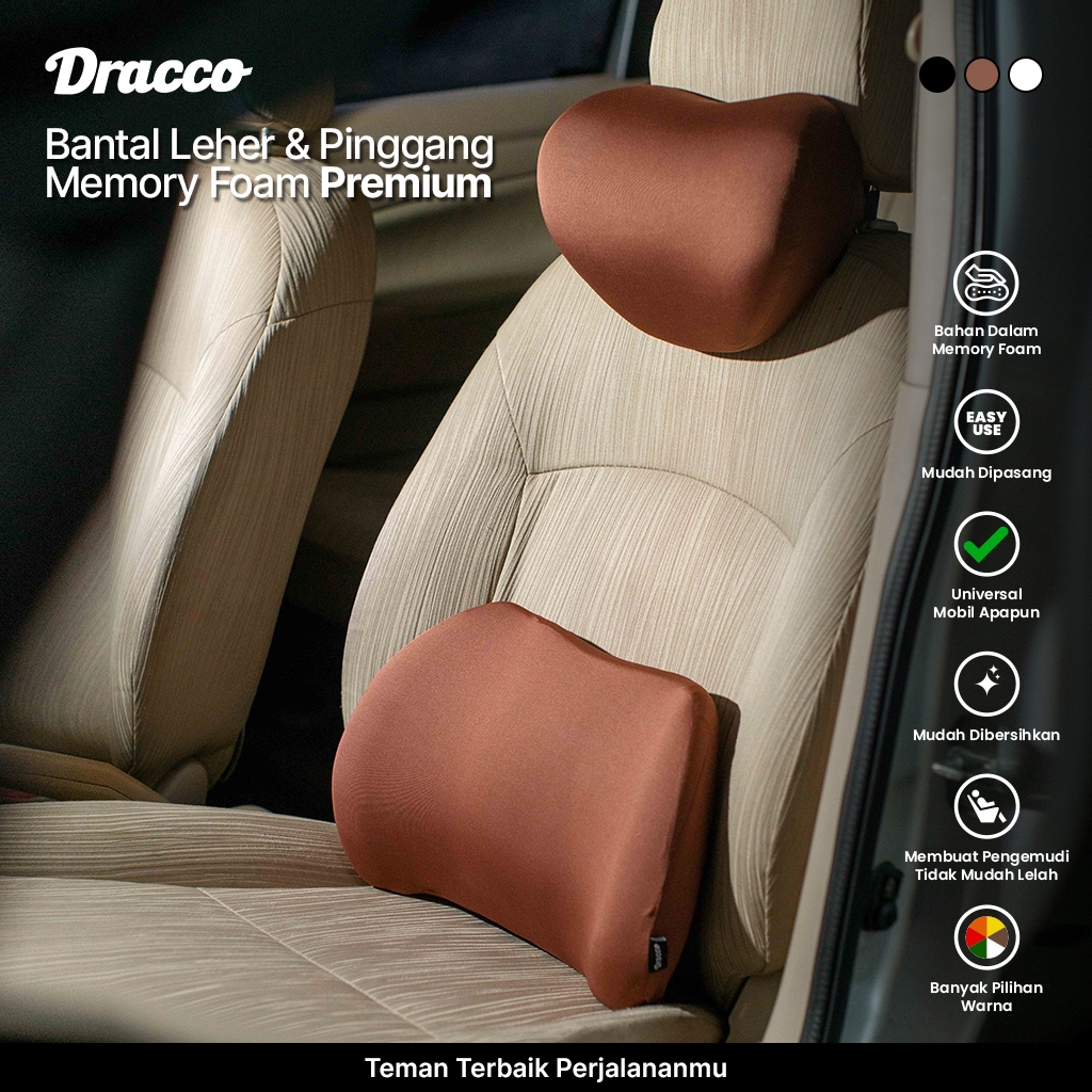 Bantal Mobil Dracco Premium Penyangga Leher Punggung Memory Foam Nyaman Tidak Mudah Lelah - Coklat