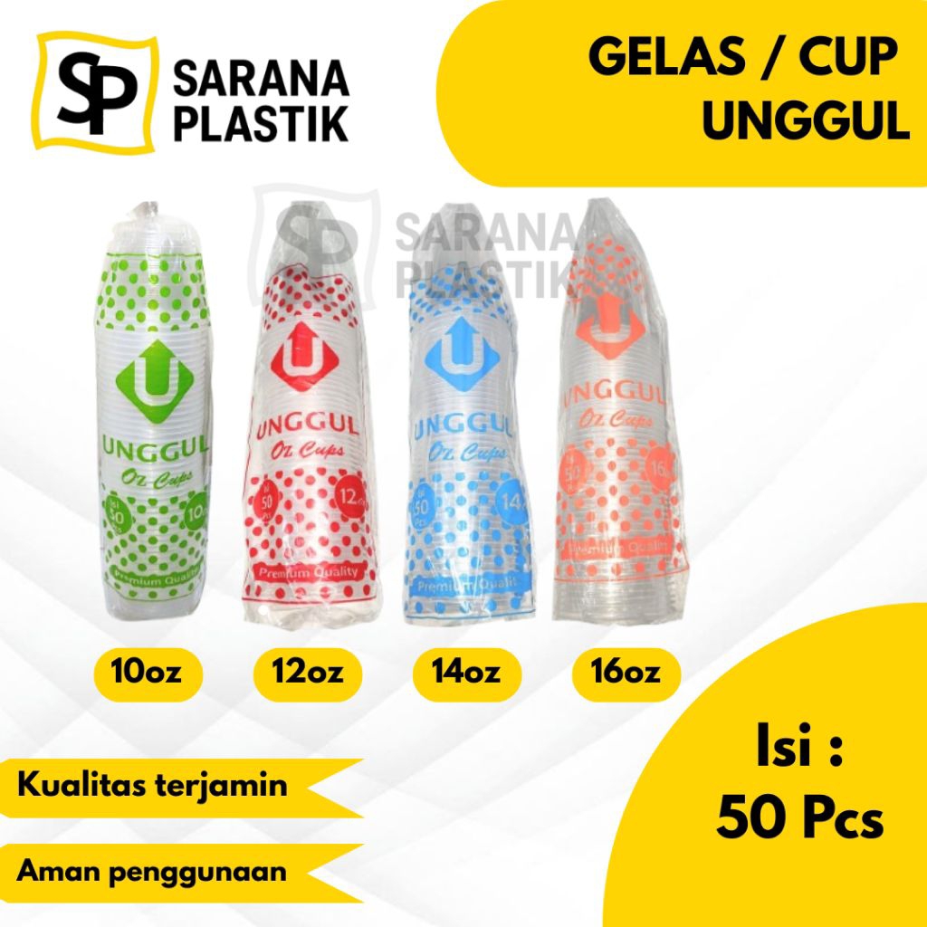 Gelas Cup 10oz 12oz 14oz 16oz / Gelas Cup Plastik DATAR Unggul | Isi 50 Pcs