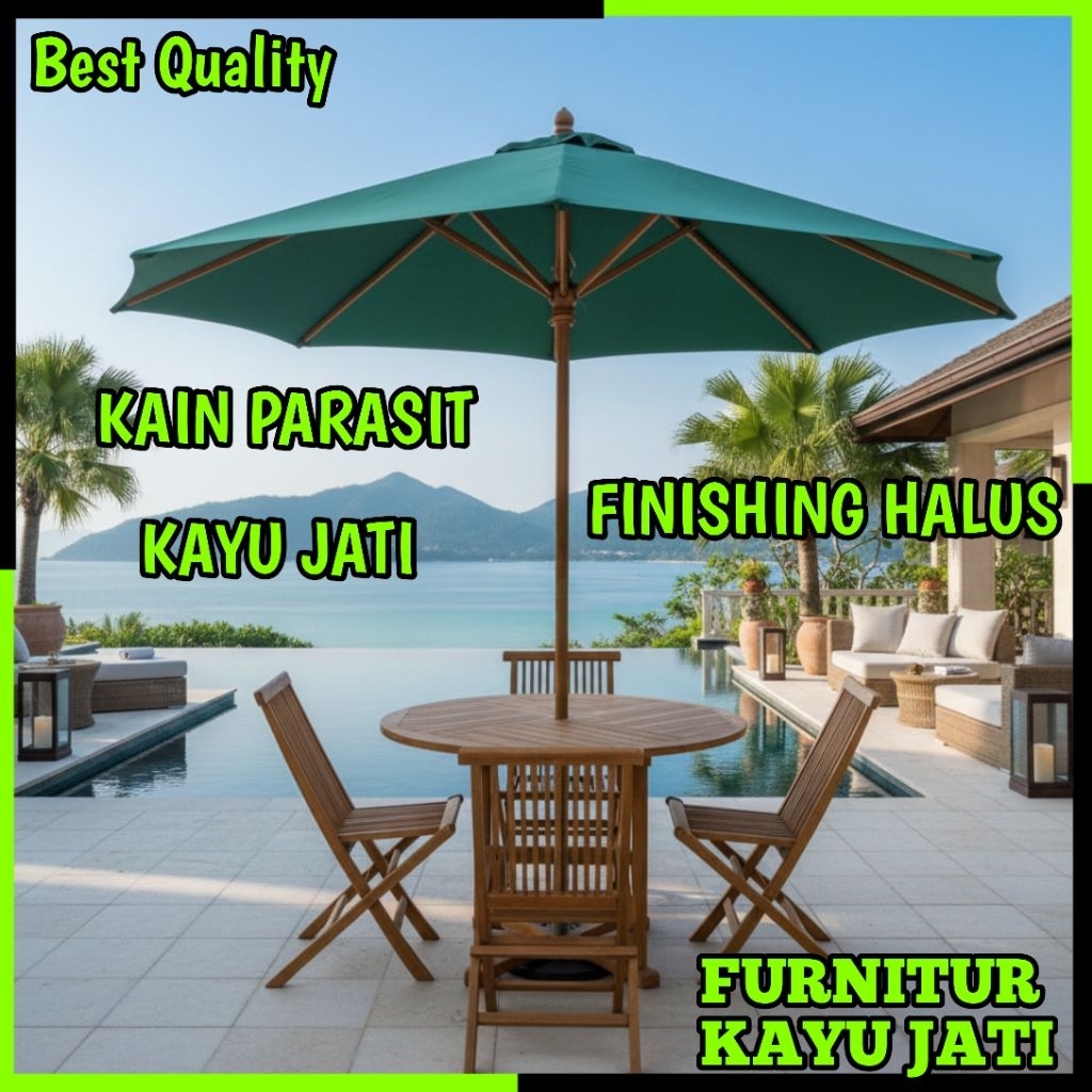 Set Meja Payung Taman Cafe Outdoor Tenda Payung Cafe Kayu Jati 4 Kursi Lipat Jati