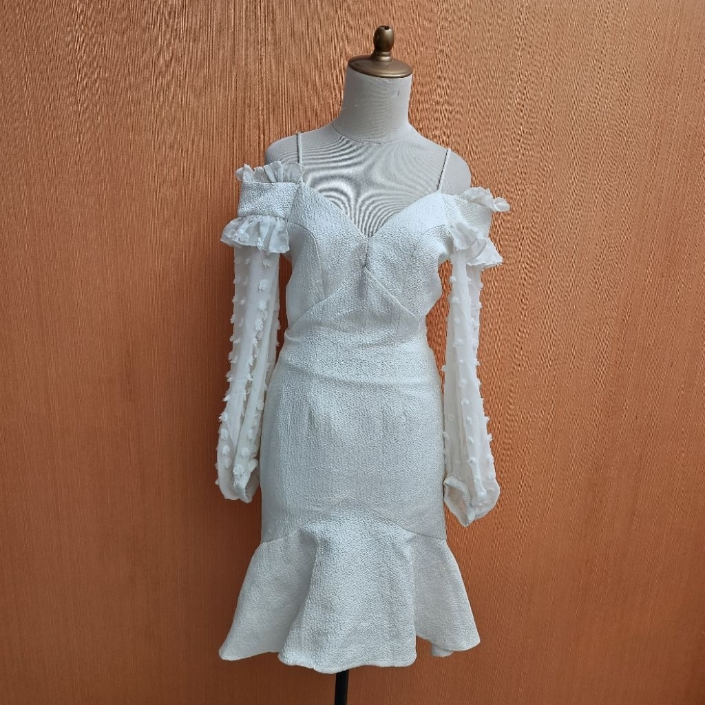 GAUN midi dress wanita putih SISTARESS cewek S lengan panjang MEWAH tebal PESTA model sabrina cute s