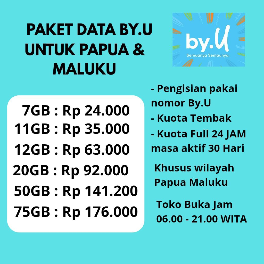 PAKET DATA BY.U PAPUA MALUKU FULL | 7GB 11GB 12GB 20GB 50GB 75GB