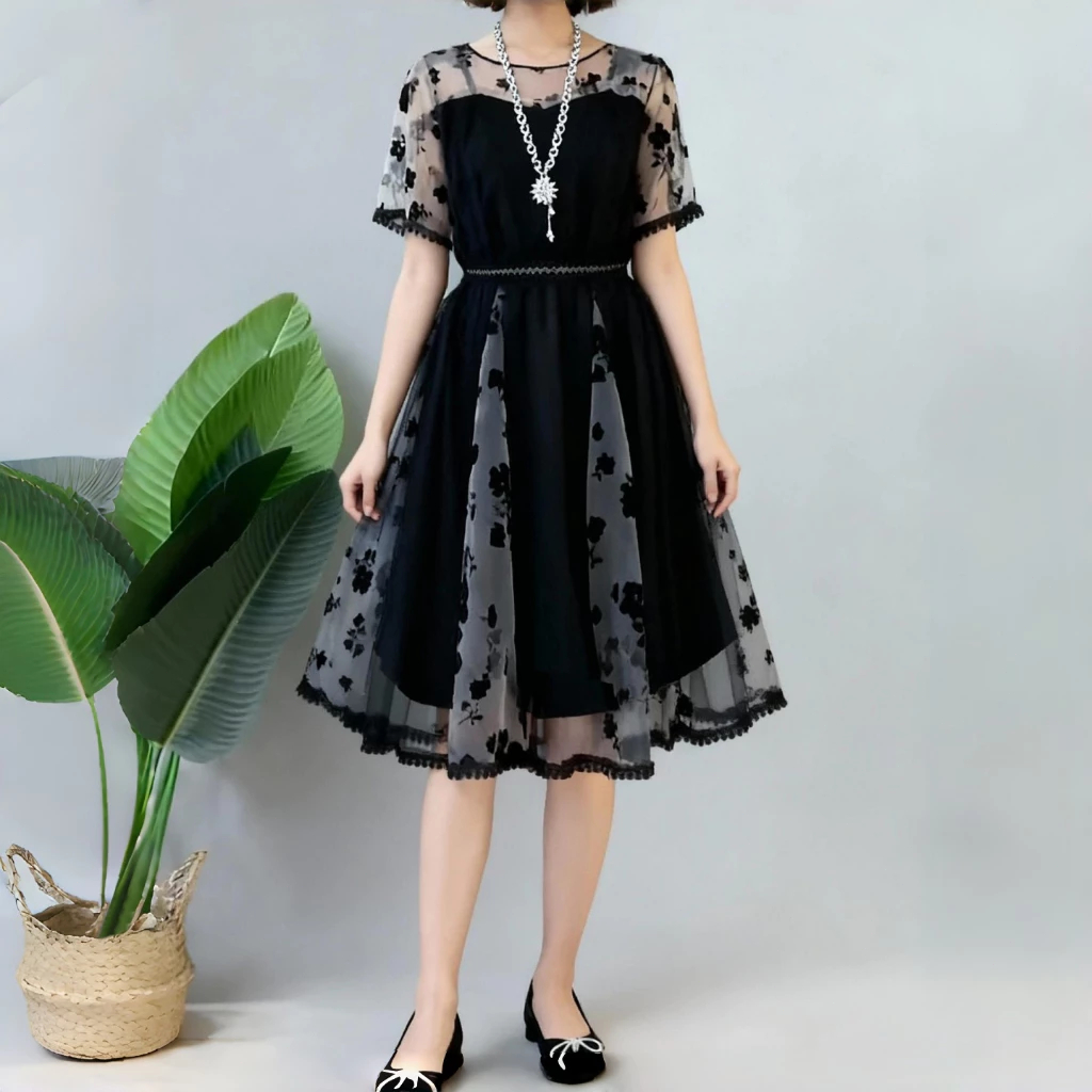Black Dress Tulle Lace Wanita Mewah | Midi Dress Brukat Korea Wanita | Dress Hitam Motif Bunga Kekin