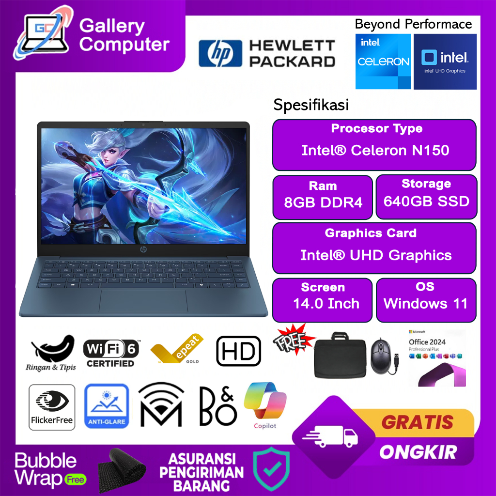 Laptop Slim HP 14 Intel N150 RAM 8GB 640GB SSD 14.0 Inch  Windows11+ Office 2024 Blue